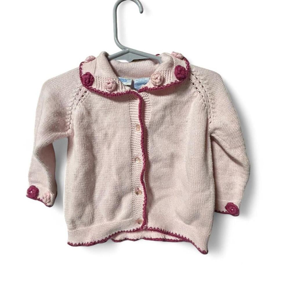 6-9 months baby vintage 90s pink and cream knitted cardigan crochet flower